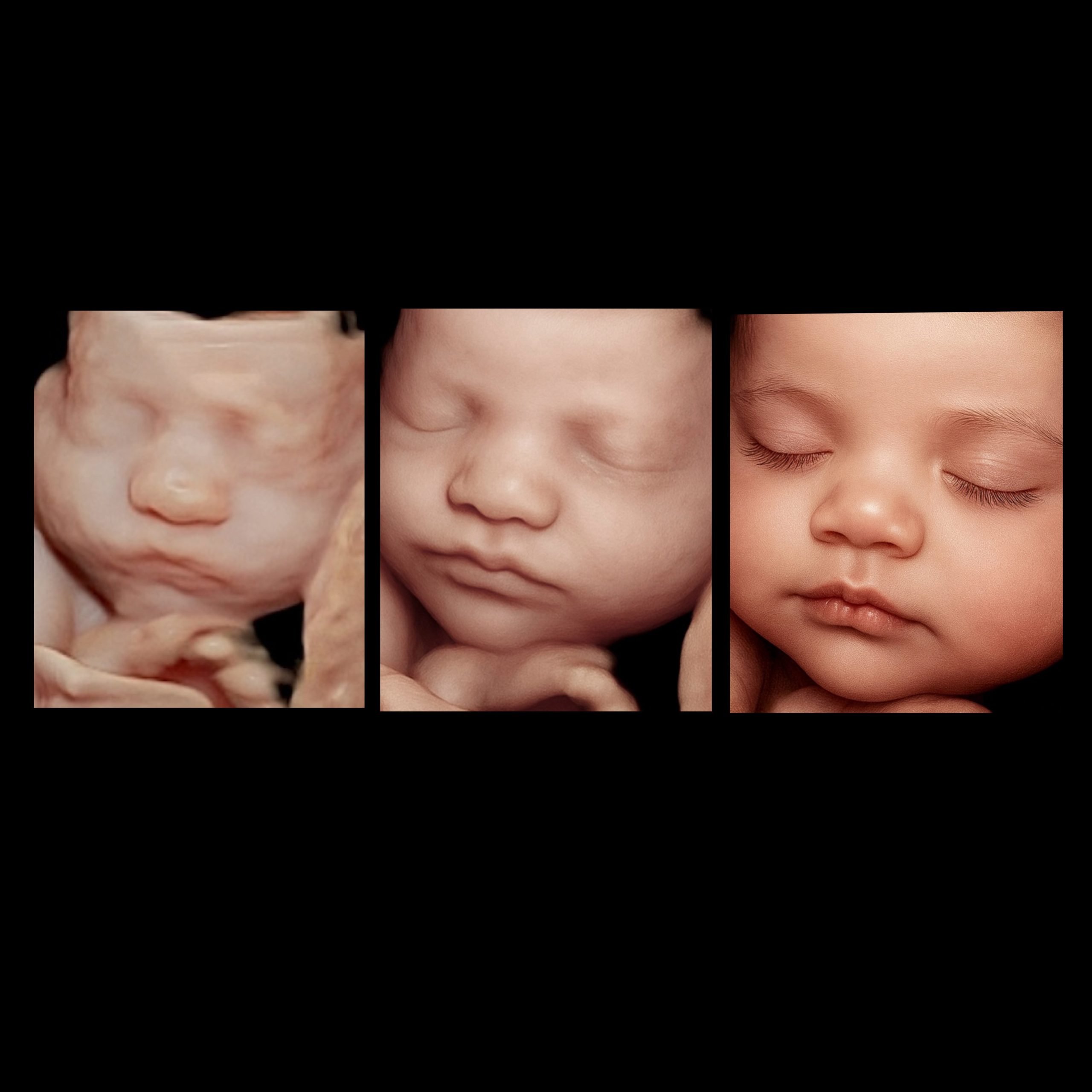 Side-by-side comparison of 3D ultrasound baby face and real newborn photo from in-home session in Bel Air, Maryland