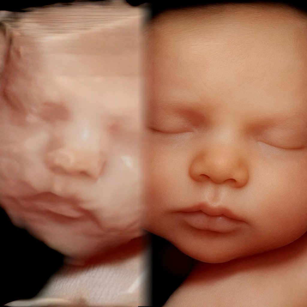 Side-by-side comparison of a 3D ultrasound photo and lifelike enhanced baby image from Prenatal Sneak Peek in Bel Air, MD.