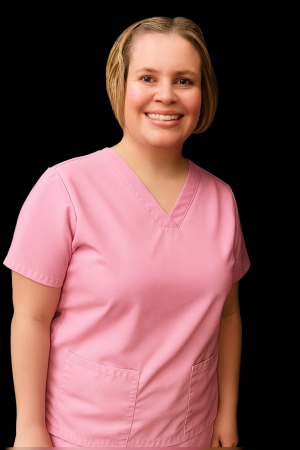 kelly-wargo-ob-sonographer-bel-air Kelly Wargo, Registered OB Sonographer in pink scrubs, founder of Prenatal Sneak Peek in Bel Air, Maryland